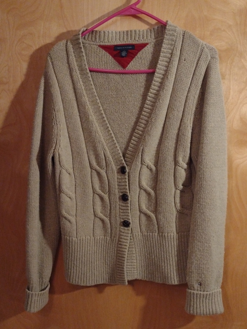 Tommy Hilfiger Lambswool Cable-Knit V-Neck Cardigan in Beige